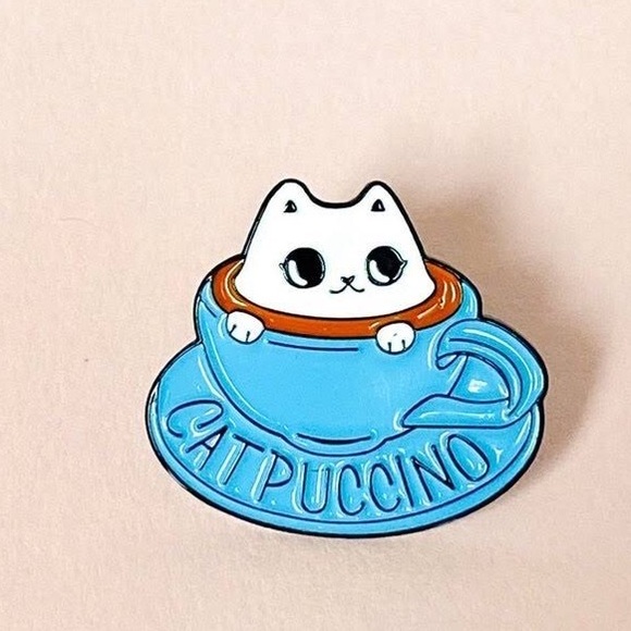 Coffee Themed Cup & Saucer with Cat Kitty “Catpuccino” Metal Enamel Pin Brooch - Picture 9 of 10